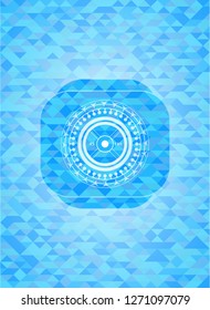 weightlifting or powerlifting plate (45 lbs) icon inside sky blue mosaic emblem