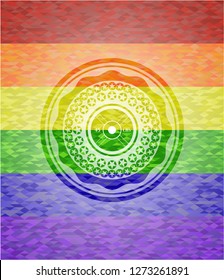 weightlifting or powerlifting plate (45 lbs) icon on mosaic background with the colors of the LGBT flag