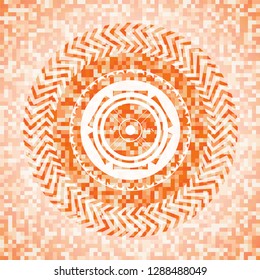 weightlifting or powerlifting plate (45 lbs) icon inside abstract emblem, orange mosaic background