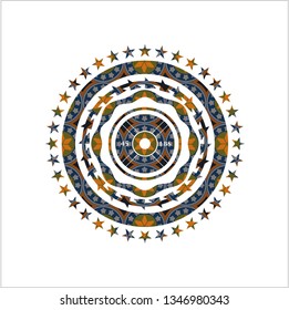 weightlifting or powerlifting plate (45 lbs) icon inside arabic badge background. Arabesque decoration.