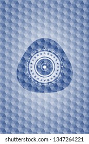 weightlifting or powerlifting plate (45 lbs) icon inside blue emblem with geometric pattern.