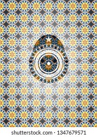 weightlifting or powerlifting plate (45 lbs) icon inside arabesque style emblem. arabic decoration.