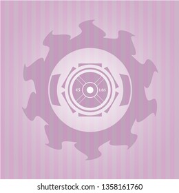 weightlifting or powerlifting plate (45 lbs) icon inside pink emblem. Retro