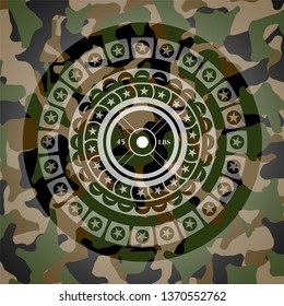 weightlifting or powerlifting plate (45 lbs) icon inside camo texture