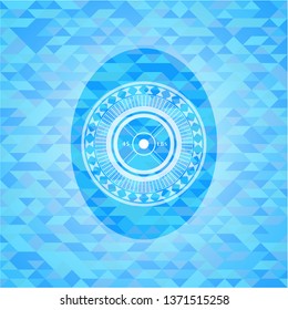 weightlifting or powerlifting plate (45 lbs) icon inside realistic sky blue emblem. Mosaic background