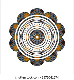 weightlifting or powerlifting plate (45 lbs) icon inside arabesque style badge. arabic decoration.