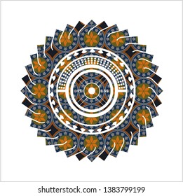 weightlifting or powerlifting plate (45 lbs) icon inside arabic badge. Arabesque decoration.