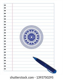 weightlifting or powerlifting plate (45 lbs) icon blue ink pen emblem. Vector Illustration. Detailed.