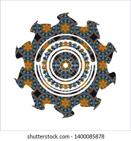 weightlifting or powerlifting plate (45 lbs) icon inside arabesque emblem. arabic decoration.