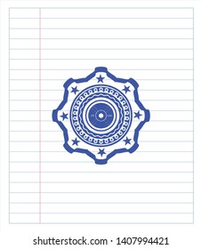 weightlifting or powerlifting plate (45 lbs) icon drawn with pen. Blue ink. Vector Illustration. Detailed.