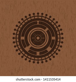 weightlifting or powerlifting plate (45 lbs) icon inside badge with wooden background