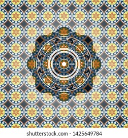 weightlifting or powerlifting plate (45 lbs) icon inside arabic badge background. Arabesque decoration.