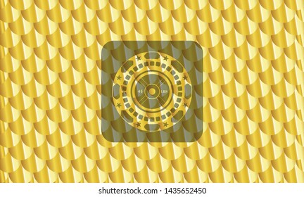 weightlifting or powerlifting plate (45 lbs) icon inside shiny golden emblem. Scales pattern. Vector Illustration. Detailed.