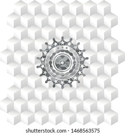 weightlifting or powerlifting plate (45 lbs) icon inside grey icon or emblem with geometric cube white background