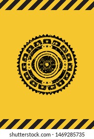 weightlifting or powerlifting plate (45 lbs) icon black grunge emblem with yellow background. Vector Illustration. Detailed.
