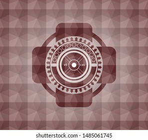 weightlifting or powerlifting plate (45 lbs) icon inside red seamless badge with geometric pattern.