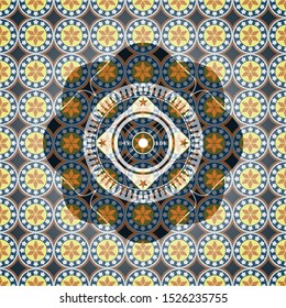 weightlifting or powerlifting plate (45 lbs) icon inside arabesque badge background. arabic decoration.