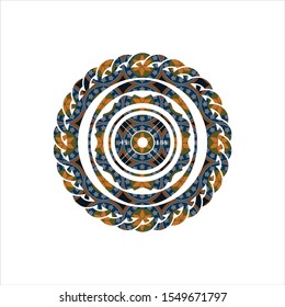 weightlifting or powerlifting plate (45 lbs) icon inside arabesque emblem. arabic decoration.