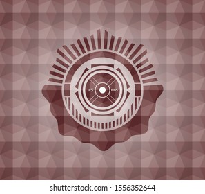 weightlifting or powerlifting plate (45 lbs) icon inside red polygonal badge. Seamless.