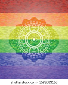 weightlifting or powerlifting plate (45 lbs) icon on mosaic background with the colors of the LGBT flag