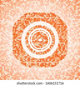 weightlifting or powerlifting plate (45 lbs) icon inside orange tile background illustration. Square geometric mosaic seamless pattern with emblem inside.