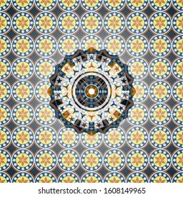 weightlifting or powerlifting plate (45 lbs) icon inside arabic emblem background. Arabesque decoration.