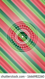 weightlifting or powerlifting plate (45 lbs) icon inside christmas emblem background.