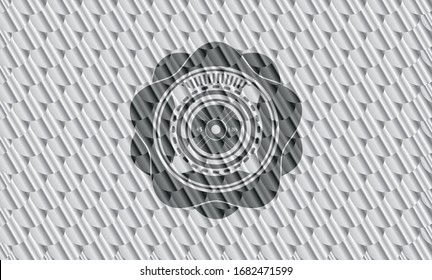 weightlifting or powerlifting plate (45 lbs) icon inside silver badge or emblem. Scales pattern. Vector Illustration. Detailed.