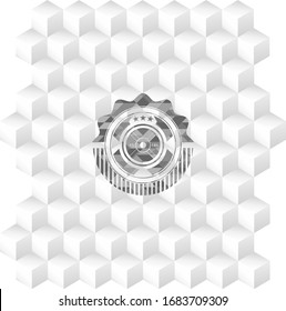 weightlifting or powerlifting plate (45 lbs) icon inside grey icon or emblem with geometric cube white background
