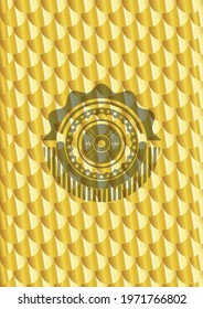 weightlifting or powerlifting plate (45 lbs) icon inside golden badge or emblem. Scales pattern. Vector Illustration. Detailed. 