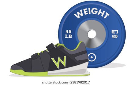 weightlifting running shoe in front of a blue weight plate isolated on white background