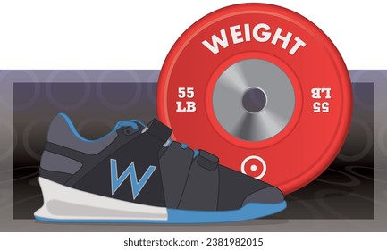 weightlifting running shoe in front of a red weight plate on an abstract background