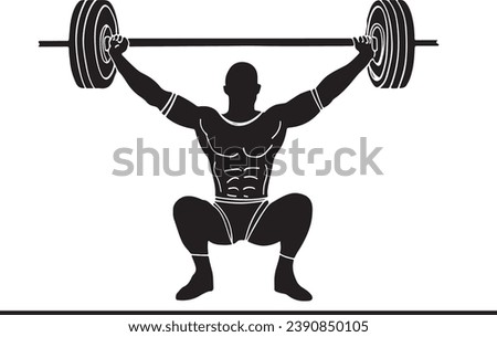 Weightlifting Silhouette: Bodybuilder Lifting Barbell Vector, Powerful Lift: Black and White Weightlifter Silhouette Art, Vector Drawing: Silhouette of Bodybuilder with Barbell