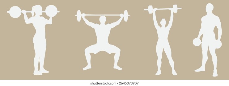 Weightlifting silhouette icon set. Male and female athlete. Gym Silhouette Vector Art Icons. Eps 10.
