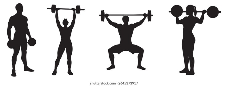 Weightlifting silhouette icon set. Male and female athlete. Gym Silhouette Vector Art Icons. Eps 10.