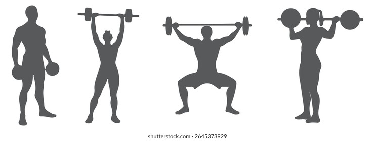 Weightlifting silhouette icon set. Male and female athlete. Gym Silhouette Vector Art Icons. Eps 10.