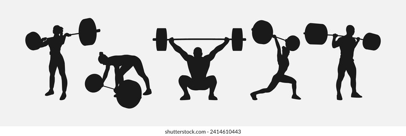 weightlifting silhouette set. male and female athlete, weightlifter, sport. isolated on white background. vector illustration. svg