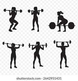 conjunto de silhueta de levantamento de peso. atleta masculino e feminino, levantador de peso, esporte. isolado no fundo branco. ilustração vetorial no fundo transparente. EPS 10.