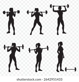 conjunto de silhueta de levantamento de peso. atleta masculino e feminino, levantador de peso, esporte. isolado no fundo branco. ilustração vetorial no fundo transparente. EPS 10.