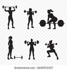 conjunto de silhueta de levantamento de peso. atleta masculino e feminino, levantador de peso, esporte. isolado no fundo branco. ilustração vetorial no fundo transparente. EPS 10.