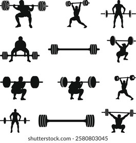 Weightlifting Silhouettes Set, Powerlifting bodybuilding silhouette vector illustration set Icon