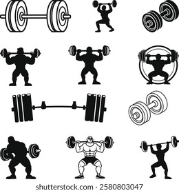 Weightlifting Silhouettes Set, Powerlifting bodybuilding silhouette vector illustration set Icon