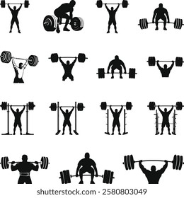 Weightlifting Silhouettes Set, Powerlifting bodybuilding silhouette vector illustration set Icon