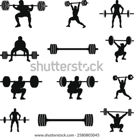 Weightlifting Silhouettes Set, Powerlifting bodybuilding silhouette vector illustration set Icon