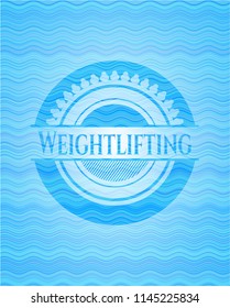 Weightlifting sky blue water wave badge background.