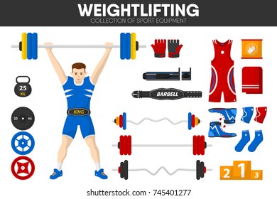 Weightlifting sport gym equipment weightlifter man garment accessory vector icons set