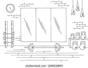 Weightlifting sport gym interior graphic black white sketch illustration vector