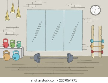 Weightlifting sport gym interior graphic color sketch illustration vector