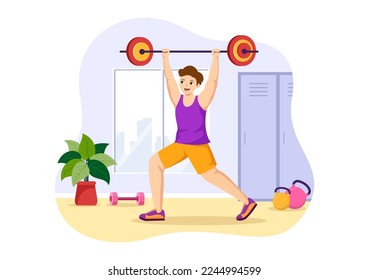 Weightlifting Sport Illustration with Athlete Lifts a Heavy Barbell, Gym Equipment and Bodybuilder Training in Flat Cartoon Hand Drawn Templates
