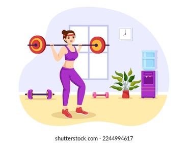 Weightlifting Sport Illustration with Athlete Lifts a Heavy Barbell, Gym Equipment and Bodybuilder Training in Flat Cartoon Hand Drawn Templates